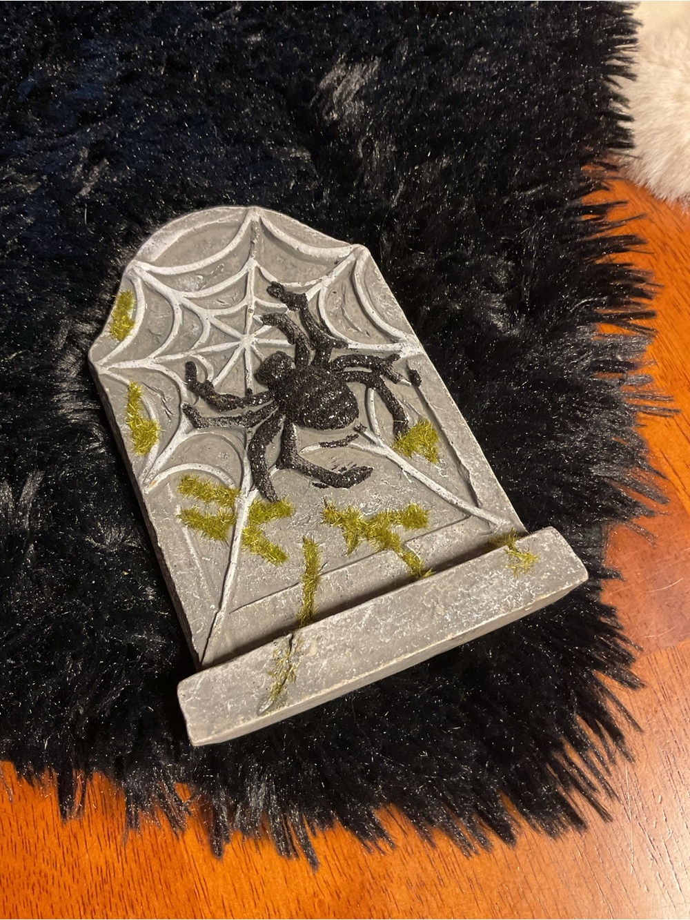 Handmade Halloween Spider Stone Tombstone Decor - Gray with Green Moss